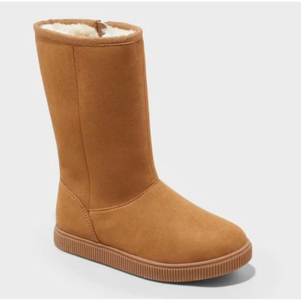 Cat & Jack Girls Winter Boots Size 1‎ Tan Faux Suede Pull On Cozy Lined School